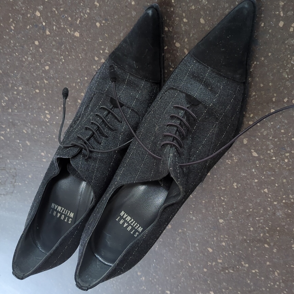 Stuart Weitzman pinstriped wool and suede heel